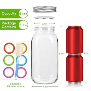 Mcupper 3 Pack Wide Mouth Mason Jars 64 oz - Perfect for Canning, Storage & Crafts