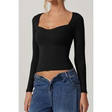 QINSEN Woman's 2024 Basic Crop Tops High Stretch Long Sleeve Bodycon T Shirt for Fall Winter Black L