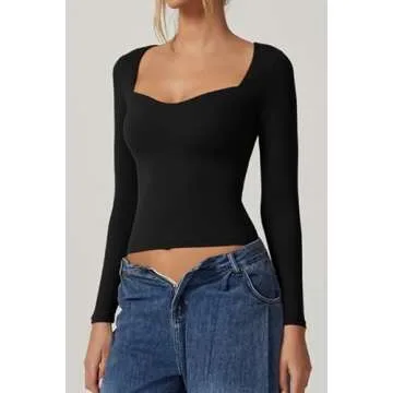 QINSEN Women's 2024 Stylish Long Sleeve Sweetheart Neck Crop Top for Fall Winter Black L