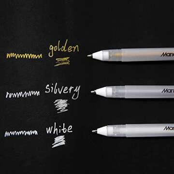 RVOGJP 3 Colors Gel Pen Set - White, Gold and Silver Gel Ink Pens for Black Paper Drawing, Sketching, Illustration, Card Making, Bullet Journaling, Pack of 3