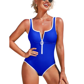 Charmo Women's One Piece Swimsuit Zipper Front Tummy Control Bathing Suits Square Round Neck Swimwea...