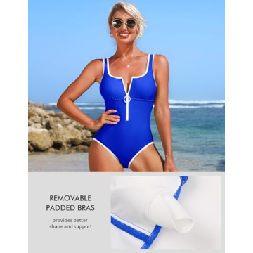 Charmo Women One Piece Swimsuit Zipper Front Tummy Control