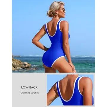 Charmo Women One Piece Swimsuit Zipper Front Tummy Control