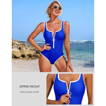 Charmo Women One Piece Swimsuit Zipper Front Tummy Control