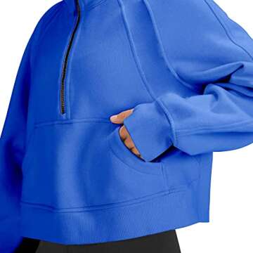 LAMOER Womens Hooded Half Zip Sweatshirts Scuba Hoodie 1/2 zip Cropped Sweatshirts for Women Fleece Lined Zip Up Hoodies Crop LULU Dupes Long Sleeve Tops Blue