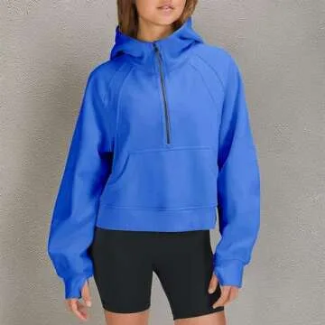 LAMOER Womens Hooded Half Zip Sweatshirts Scuba Hoodie 1/2 zip Cropped Sweatshirts for Women Fleece Lined Zip Up Hoodies Crop LULU Dupes Long Sleeve Tops Blue