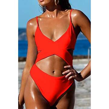 CHYRII Womens Sexy Plunging Cut Out High Cut Monokini Criss Cross High Cut Leg One Piece Swimsuit Orange S
