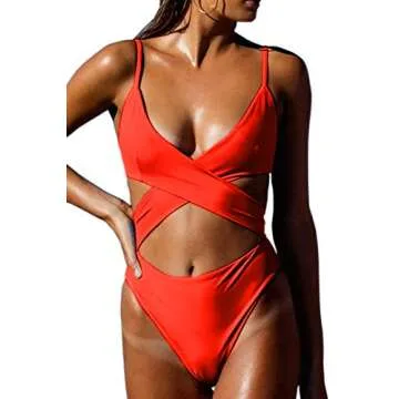 CHYRII Womens Sexy Plunging Cut Out High Cut Monokini Criss Cross High Cut Leg One Piece Swimsuit Orange S