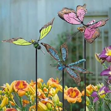 Juegoal 34 Inch Butterfly Garden Stakes Decor, Dragonfly Hummingbird Stakes, Glow in Dark Metal Yard Art for Mom, Mothers Day Ideal Gifts, Indoor Outdoor Lawn Pathway Patio Ornaments, Set of 3