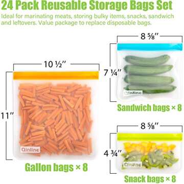 Qinline Reusable Food Storage Bags - 24 Pack Freezer Bags, BPA Free Reusable Bags Silicone, Extra Thick Leakproof Reusable Lunch Bag for Salad Fruit Marinate Meats - 8 Gallon 8 Sandwich 8 Snack Bags