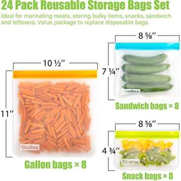 Qinline Reusable Food Storage Bags - 24 Pack Freezer Bags, BPA Free Reusable Bags Silicone, Extra Thick Leakproof Reusable Lunch Bag for Salad Fruit Marinate Meats - 8 Gallon 8 Sandwich 8 Snack Bags