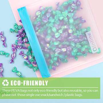 Qinline Reusable Food Storage Bags - 24 Pack Freezer Bags, BPA Free Reusable Bags Silicone, Extra Thick Leakproof Reusable Lunch Bag for Salad Fruit Marinate Meats - 8 Gallon 8 Sandwich 8 Snack Bags