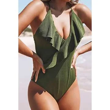 CUPSHE Women's One Piece Swimsuit Ruffle Wrap Textured Beach Swimwear Bathing Suits Green S