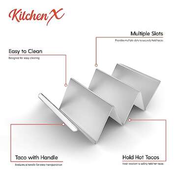 KITCHENX Metal Taco Holders Set of 2 - Heavy-Duty Taco Stands hold 3 Tacos - Use as a Taco Rack to fill Tacos with Ease - Safe for Dishwasher, Oven, and Grill - Taco Shell holder Size: 8" x 4" x 2"
