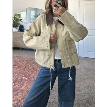 Megfie Womens Cropped Jacket Contrast Collar Utility Coat Cargo Jacket Barn Jacket Outwear with Pockets(0836-Khaki-M)