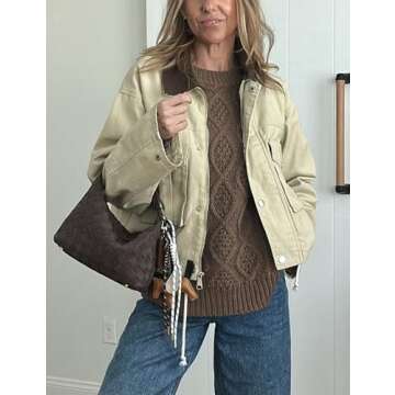 Megfie Womens Cropped Jacket Contrast Collar Utility Coat Cargo Jacket Barn Jacket Outwear with Pockets(0836-Khaki-M)