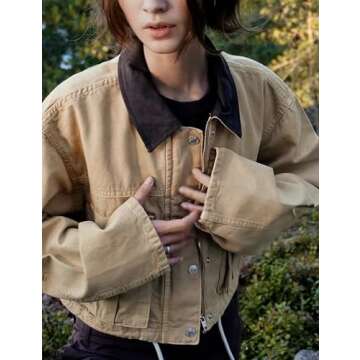 Megfie Womens Cropped Jacket Contrast Collar Utility Coat Cargo Jacket Barn Jacket Outwear with Pockets(0836-Khaki-M)