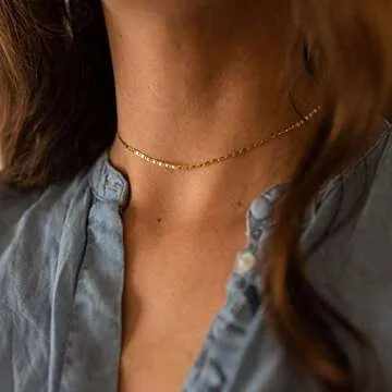 MEVECCO Gold Plain Chain Choker Necklace,14K Gold Plated Dainty Cute Link Lace Thin Clavicle Chain Long Necklace Delicate Fashion Choker Necklace Jewelry Gift for Women