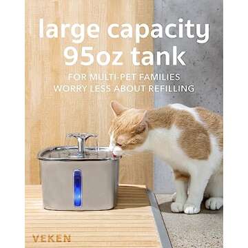 Innovation Award Winner - Veken 95oz/2.8L Stainless Steel Cat Water Fountain, Automatic Pet Fountain Dog Water Dispenser with Replacement Filters for Cats, Dogs, Multiple Pets