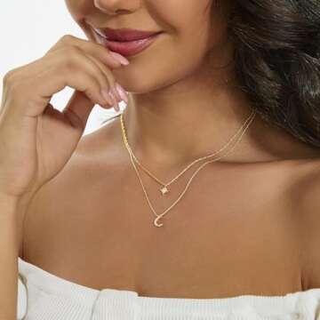 KOKUMAK Layered Necklaces for Women, Dainty Gold Necklace 14K Gold Plated Moon and Star Pendant Necklace for Women Simple Gold CZ Diamond Choker Necklaces Trendy Gold Jewelry for Women