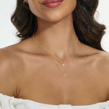 KOKUMAK Layered Necklaces for Women, Dainty Gold Necklace 14K Gold Plated Moon and Star Pendant Necklace for Women Simple Gold CZ Diamond Choker Necklaces Trendy Gold Jewelry for Women