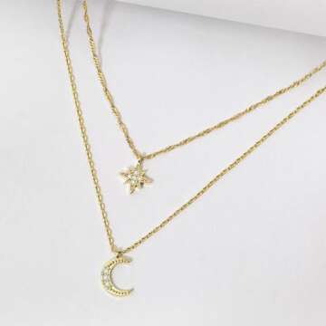 KOKUMAK Layered Necklaces for Women, Dainty Gold Necklace 14K Gold Plated Moon and Star Pendant Necklace for Women Simple Gold CZ Diamond Choker Necklaces Trendy Gold Jewelry for Women