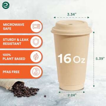 ECO SOUL 100% Compostable Plant-Based (PFAS-Free) 16oz Hot Cups with Compostable Lids | (25 Count, 1...
