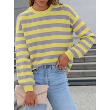 Caracilia Women's Oversized Striped Sweaters Long Sleeve Crewneck Chunky Knit Color Block 2024 Trend...