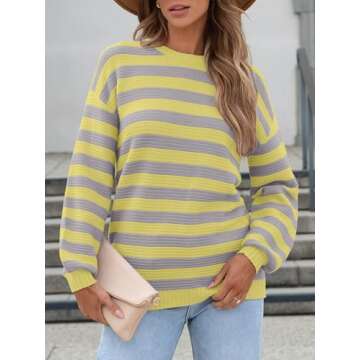 Caracilia Women's Oversized Striped Sweaters Long Sleeve Crewneck Chunky Knit Color Block 2024 Trendy Fall Pullover Tops Grey Yellow XL