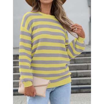 Caracilia Women's Oversized Striped Sweaters Long Sleeve Crewneck Chunky Knit Color Block 2024 Trendy Fall Pullover Tops Grey Yellow XL