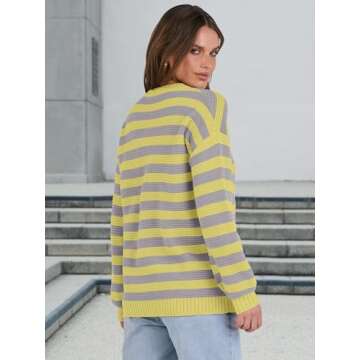 Caracilia Women's Oversized Striped Sweaters Long Sleeve Crewneck Chunky Knit Color Block 2024 Trendy Fall Pullover Tops Grey Yellow XL
