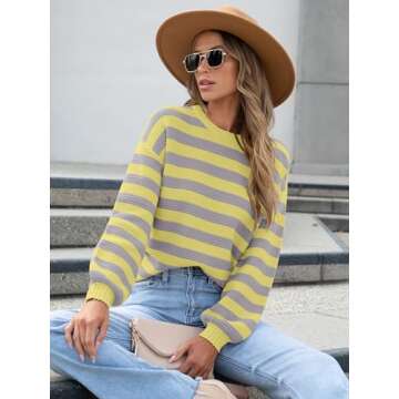 Caracilia Women's Oversized Striped Sweaters Long Sleeve Crewneck Chunky Knit Color Block 2024 Trendy Fall Pullover Tops Grey Yellow XL