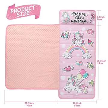 TANOSHII® Toddler Nap Mat with Pillow and Blanket, Portable Kids Sleeping Mats for Daycare, Preschool, 21" x 53", Lightweight and Soft Sleeping Bags for Kids (Unicorn, 21" x 53")