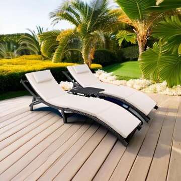 Devoko Patio Chaise Lounge Sets Outdoor Rattan Adjustable Back 3 Pieces Cushioned Patio Folding Chaise Lounge with Folding Table (Beige)