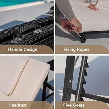 Devoko Patio Chaise Lounge Sets Outdoor Rattan Adjustable Back 3 Pieces Cushioned Patio Folding Chaise Lounge with Folding Table (Beige)