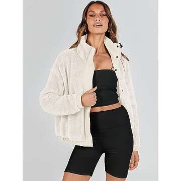 ANRABESS Womens Fleece Jacket Casual Long Sleeve Cropped Sherpa Button Down Fuzzy Warm Coats Fall Outwear With Pockets Beige Small