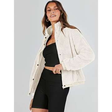 ANRABESS Womens Fleece Jacket Casual Long Sleeve Cropped Sherpa Button Down Fuzzy Warm Coats Fall Outwear With Pockets Beige Small