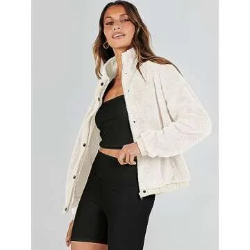 ANRABESS Womens Fleece Jacket Casual Long Sleeve Cropped Sherpa Button Down Fuzzy Warm Coats Fall Outwear With Pockets Beige Small