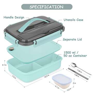 Sunhanny Bento Box Adult Lunch Box, Bento Lunch Box Containers, 50-oz Bento Box for adults with Compartments, Sauce Container, Chopsticks and Spork, Green