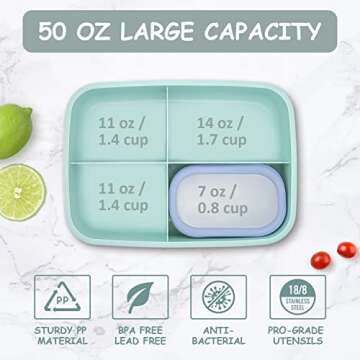 Sunhanny Bento Box Adult Lunch Box, Bento Lunch Box Containers, 50-oz Bento Box for adults with Compartments, Sauce Container, Chopsticks and Spork, Green