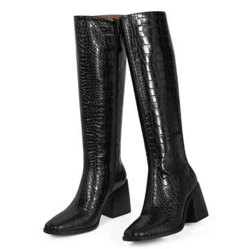 MUCCCUTE Black Knee High Boots - Faux Crocodile Stylish Chunky Heel