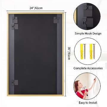Koonmi Gold Mirrors for Wall, 24x36 Inch Bathroom Mirror, Rectangular Wall Mirror for Living Room Bedroom Bathroom, Hangs Horizontally or Vertically