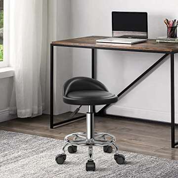 KKTONER PU Leather Round Rolling Stool with Foot Rest Height Adjustable Swivel Drafting Work SPA Tas...