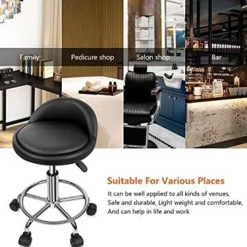 KKTONER PU Leather Round Rolling Stool with Foot Rest Height Adjustable Swivel Drafting Work SPA Task Chair with Wheels (Black)