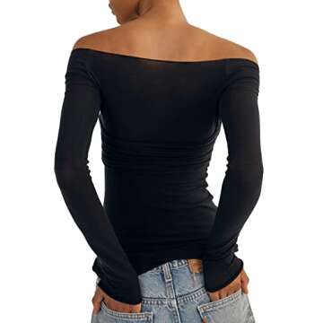Women’s T Shirts Tops Off Shoulder Sexy Knitted Mesh Sheer See Through Tops Long Sleeve Y2K Party ...