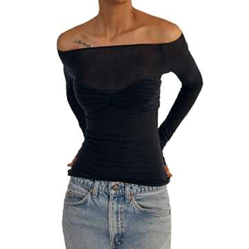 Women’s T Shirts Tops Off Shoulder Sexy Knitted Mesh Sheer See Through Tops Long Sleeve Y2K Party Club Night Out Blouse Tops (as1, Alpha, l, Regular, Regular, Black)