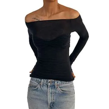 Women’s T Shirts Tops Off Shoulder Sexy Knitted Mesh Sheer See Through Tops Long Sleeve Y2K Party Club Night Out Blouse Tops (as1, Alpha, l, Regular, Regular, Black)