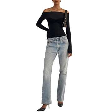 Women’s T Shirts Tops Off Shoulder Sexy Knitted Mesh Sheer See Through Tops Long Sleeve Y2K Party Club Night Out Blouse Tops (as1, Alpha, l, Regular, Regular, Black)