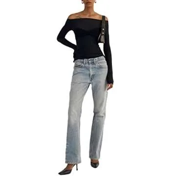 Women’s T Shirts Tops Off Shoulder Sexy Knitted Mesh Sheer See Through Tops Long Sleeve Y2K Party Club Night Out Blouse Tops (as1, Alpha, l, Regular, Regular, Black)