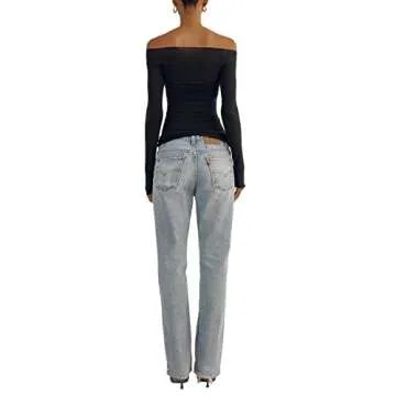 Women’s T Shirts Tops Off Shoulder Sexy Knitted Mesh Sheer See Through Tops Long Sleeve Y2K Party Club Night Out Blouse Tops (as1, Alpha, l, Regular, Regular, Black)